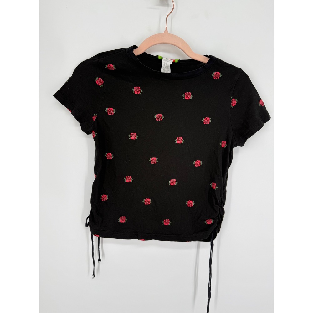 PoshPosh Rose Floral T-Shirt Womens Small Black Ruched Side Cinch JS2910